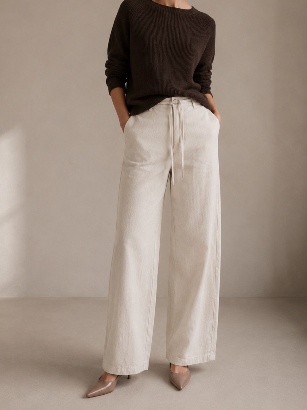 NWOT COS Linen Cotton Wide Leg Pants Denim Texture Cream US10